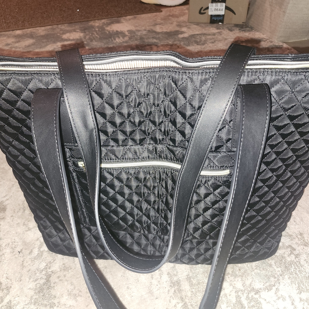 Quilted Black Tote with Zip Pocket and Dual Straps